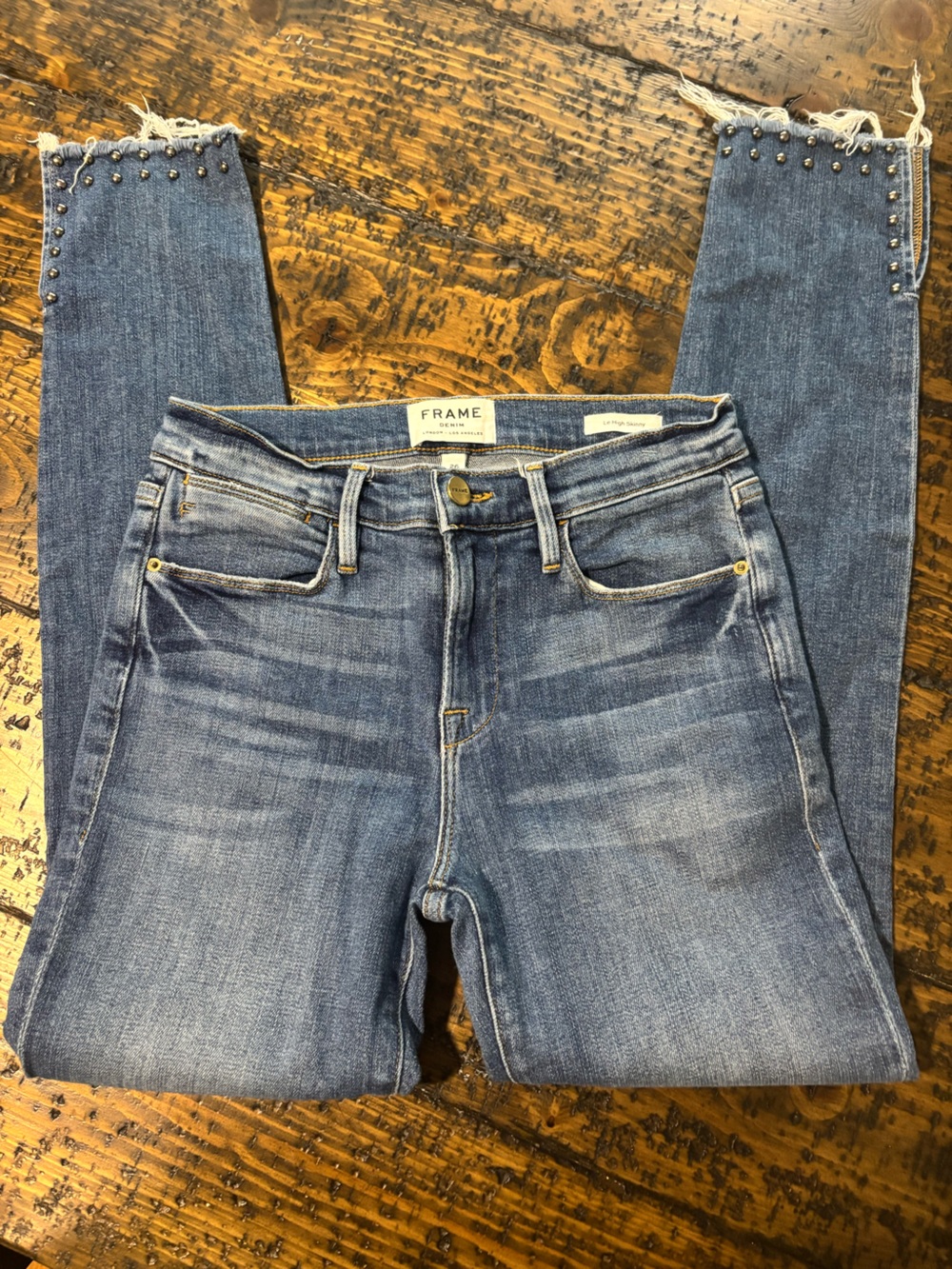 FRAME‎ Le High Skinny Jeans Studded Raw Hem Hazelwood Blue Size 26” length 26.5”